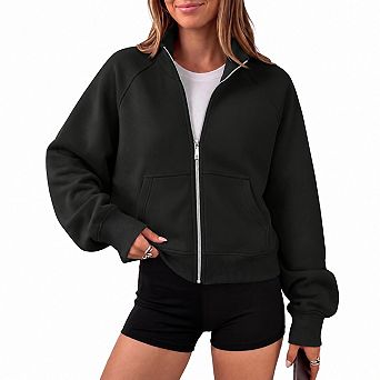 Womens Zip Up Cropped Mock Neck Fleece Hoodie Y2K Casual Layering