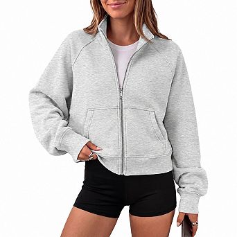 Womens Zip Up Cropped Mock Neck Fleece Hoodie Y2K Casual Layering
