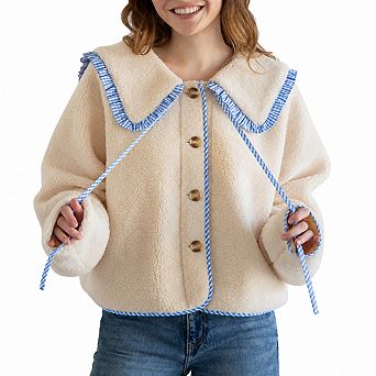 Womens Peter Pan Collar Fuzzy Short Sherpa Fleece Jacket Casual Layering Top
