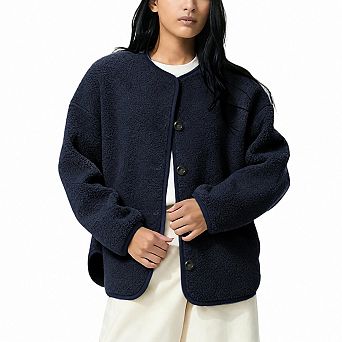 Womens Sherpa Fleece Jacket Button Down Crew Neck Oversized Warm Coat With Side Pockets