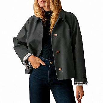 Womens Cropped Trench Coat Lightweight Single Breasted Plaid Lined Jacket