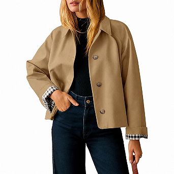 Womens Cropped Trench Coat Lightweight Single Breasted Plaid Lined Jacket