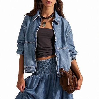 Womens Casual Zip Up Denim Bomber Jacket With Pockets