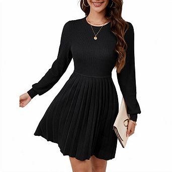 Women knit crew neck long sleeves dress