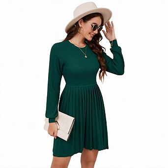 Women knit crew neck long sleeves dress