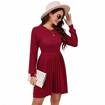 Women knit crew neck long sleeves dress