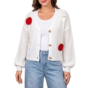 Women Halloween Cropped Cardigan V Neck Button Long Sleeve Pumpkin Ghost Applique Knitted Sweaters