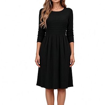 Round Neck Long Sleeve Ribbed Knit A-Line Dress