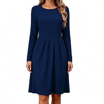 Round Neck Long Sleeve Ribbed Knit A-Line Dress
