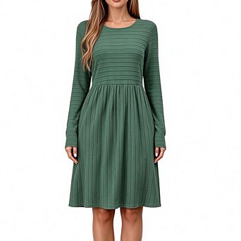 Round Neck Long Sleeve Ribbed Knit A-Line Dress