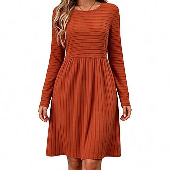 Round Neck Long Sleeve Ribbed Knit A-Line Dress