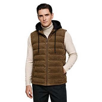 Men's Corduroy Hooded Puffer Vest Zipper Winter Waistcoat