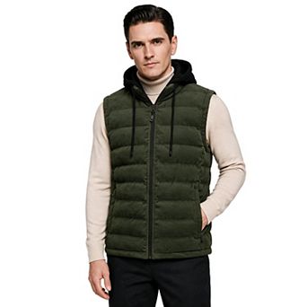 Men's Corduroy Hooded Puffer Vest Zipper Winter Waistcoat