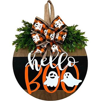 Aurora Ascent Wooden Halloween Ghost Wreath Door Sign 11.8 Inch Round Hello Boo Front Door Hanger
