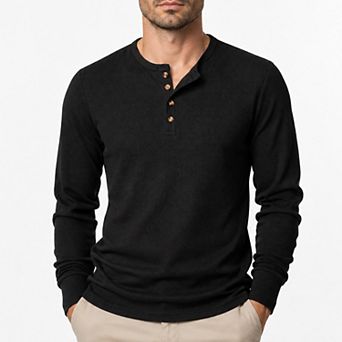 Men's Waffle Knit Henley Shirt Long Sleeve Button Casual Top