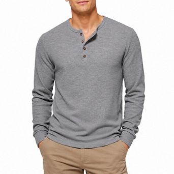 Men's Waffle Knit Henley Shirt Long Sleeve Button Casual Top