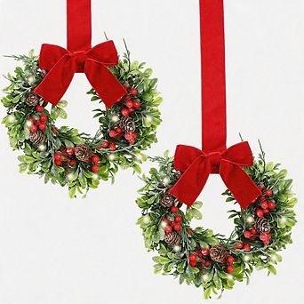 2 pc 9'' Small Christmas Cabinet Wreath with Light, Velvet Bow