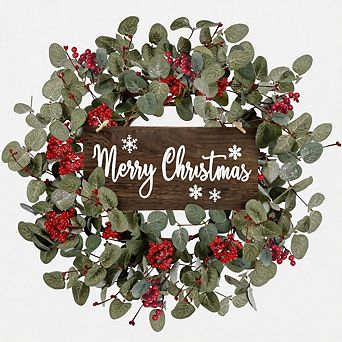18 in Glitter Eucalyptus Christmas Wreath Red Berries Front Door Hanging Decor