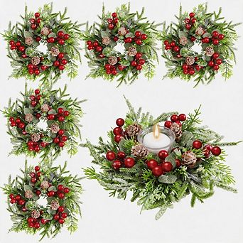 6 pc Christmas Candle Ring Wreath Small Kitchen Cabinet Table Decor