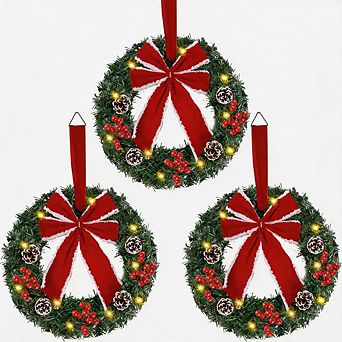 Set of 3 Lighted Christmas Wreaths Red Bow Ornaments LED Front Door Decor