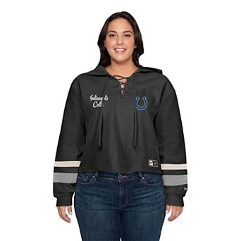 Women's New Era Black Indianapolis Colts Plus Size Throwback Cropped Lace-Up Hoodie