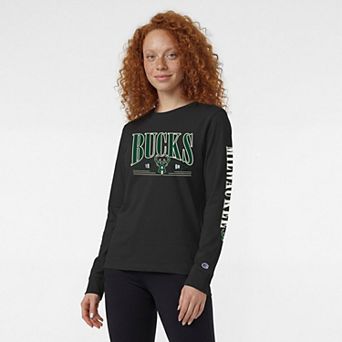 Women's Champion Black Milwaukee Bucks Long Sleeve Banner T-Shirt
