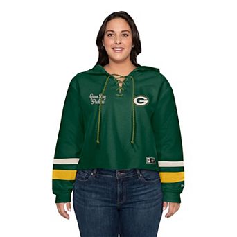 Women's New Era Green Green Bay Packers Plus Size Throwback Cropped Lace-Up Hoodie