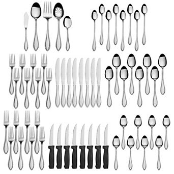 Pfaltzgraff American Bead 61 pc Stainless Steel Flatware Set with Serving Utensils, Steak Knives, and Iced Tea Spoons