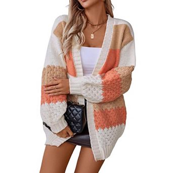 XuBa Women Color Block Stripe Cardigan Casual Lantern Sleeve Open Front Sweater Coat