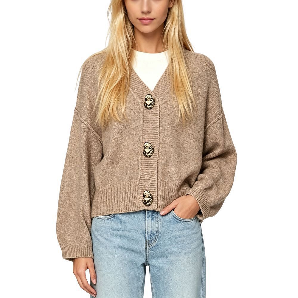 Women's V Neck Long Sleeve Button Detail Knit Pullover Sweater