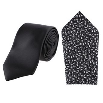 Essentials by Trafalgar Solid Necktie and Metallic Floral Pocket Square Set