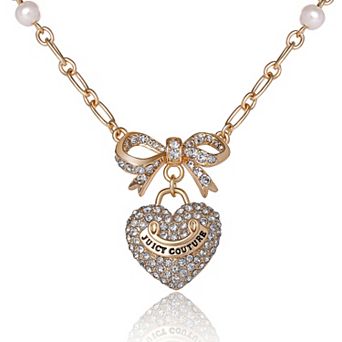 Juicy Couture Gold-Tone Heart Necklace, Faux Pearls & Crystals, 18"+2"
