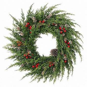 24 Inch Artificial Cedar Wreath With Pine Cones Berries For Front Door Decor