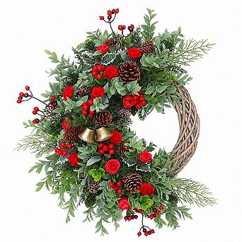 24 Inch Christmas Wreath For Front Door With LED Lights Bells Berries