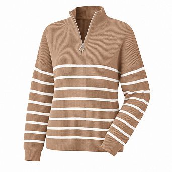 Womens Quarter Zip Striped Oversized Sweater Ribbed Knit Pullover