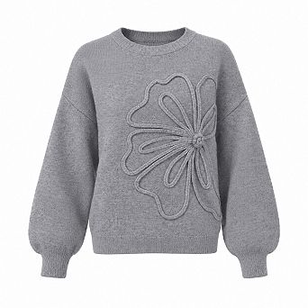 Womens Oversized Floral Knit Sweater Lantern Sleeve Pullover