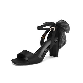 Womens Bow Heeled Sandals Chunky Heel Ankle Buckle Dress Wedding Shoes