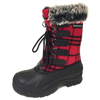 Women's Winter Snow Boots Red Flannel Plaid Warm Fur Insulated