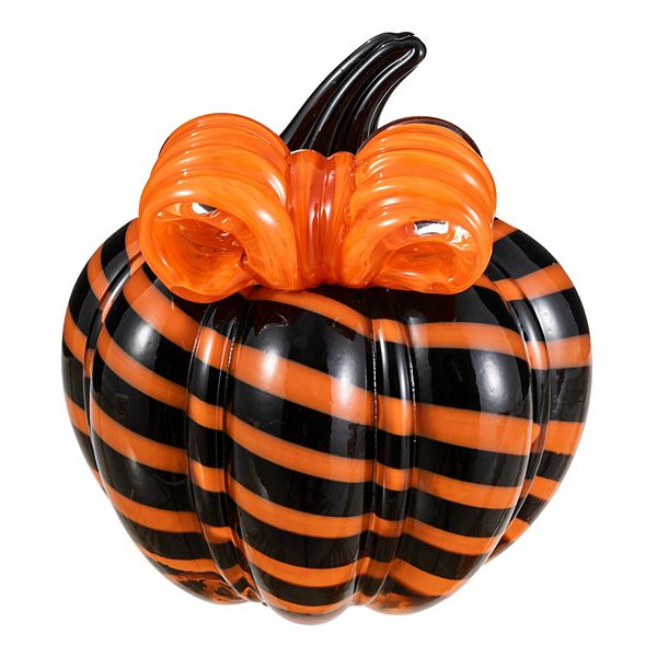 Glitzhome 4.75"H Halloween Striped Glass Pumpkin with Bow