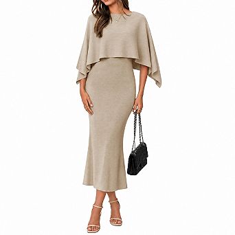 Womens 2 pc Knit Outfit Detachable Cape Shawl Bodycon Dress Set