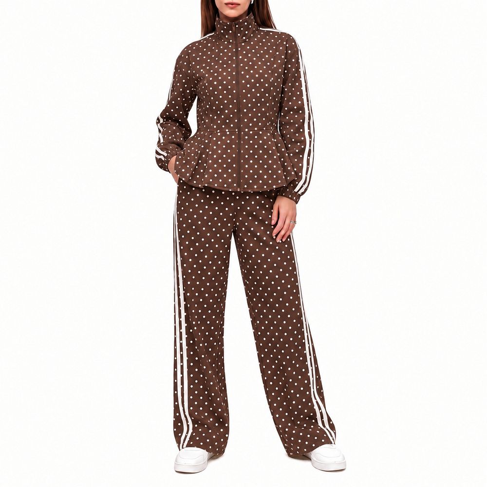 Womens 2 Pcs Ruffle Zip Up Jacket Wide Leg Pants Casual Matching Set