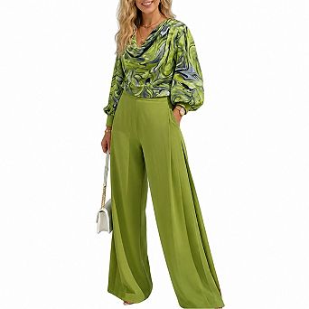 Womens 2 pc Abstract Print Crop Top Wide Leg Pants Set