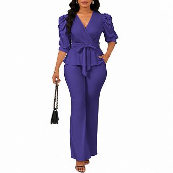 Womens 2 pc Dressy Wide Leg Pant Suit Ruffle Top With Pockets