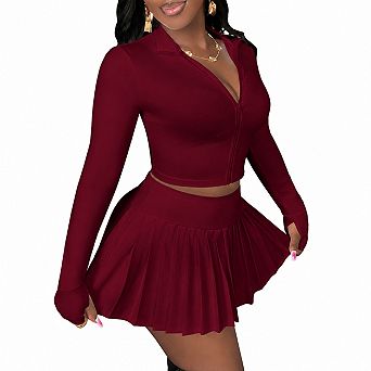 Womens 2 pc Long Sleeve Crop Top Pleated Mini Skirt Tennis Activewear Set