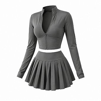 Womens 2 pc Long Sleeve Crop Top Pleated Mini Skirt Tennis Activewear Set
