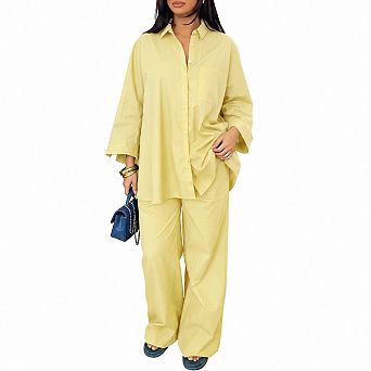 Womens 2 pc 3/4 Sleeve Shirt Wide Leg Pants Lounge Outfit Set