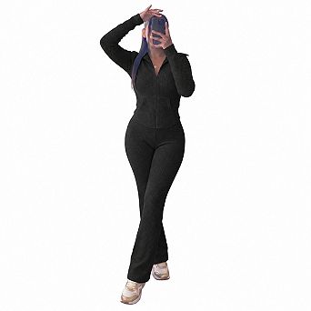 Womens 2 pc Knit Casual Outfit Long Sleeve Top Flared Pants Loungewear Set