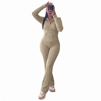 Womens 2 pc Knit Casual Outfit Long Sleeve Top Flared Pants Loungewear Set