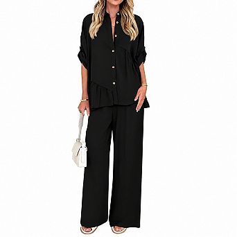 Womens 2 pc Dressy Casual Button Down Shirt Wide Leg Pants Set