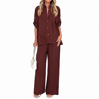Womens 2 pc Dressy Casual Button Down Shirt Wide Leg Pants Set